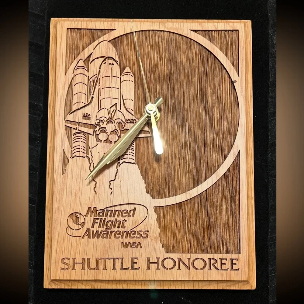 NASA Mannned Flight Awareness Wooden Shuttle Honoree Wall Clock Brown & Gold
